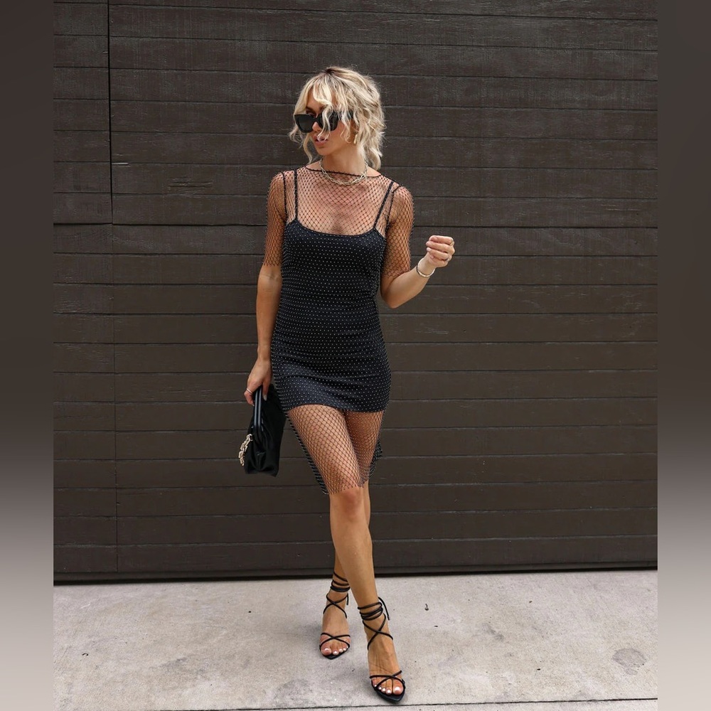 Black rhinestone mesh midi dress